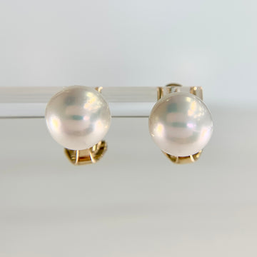 9mm White Akoya Cultured Pearl Omega Back Earrings 14k Yellow Gold - Jacob's Diamond and Estate Jewelry