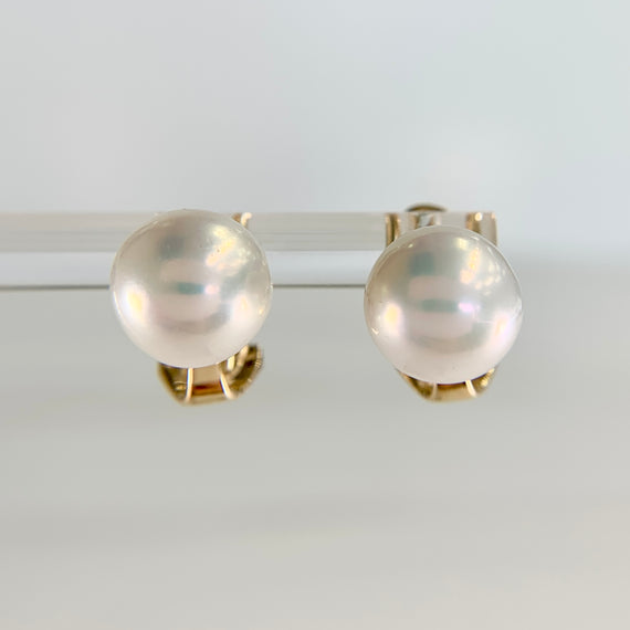 9mm White Akoya Cultured Pearl Omega Back Earrings 14k Yellow Gold - Jacob's Diamond and Estate Jewelry