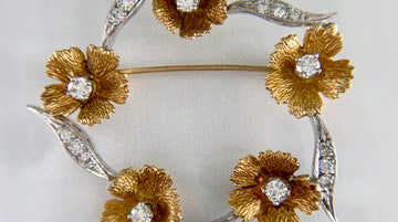 Vintage Floral Diamond Brooch 18k Two Tone Gold