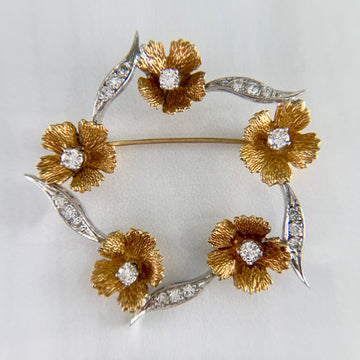 Vintage Floral Diamond Brooch 18k Two Tone Gold