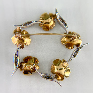 Vintage Floral Diamond Brooch 18k Two Tone Gold
