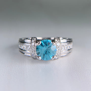 Blue Zircon and Diamond Ring 18k White Gold