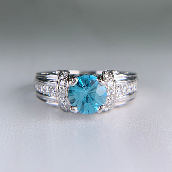 Blue Zircon and Diamond Ring 18k White Gold - Jacob's Diamond and Estate Jewelry