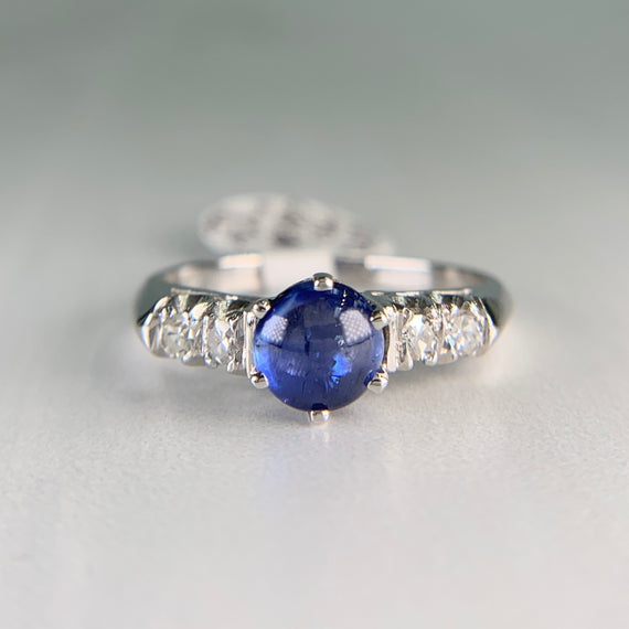 Platinum Diamond and Sapphire Cabochon Mid Century Ring - Jacob's Diamond and Estate Jewelry