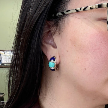 Turquoise and Lapis Lazuli Diamond Earrings 14k Yellow Gold 1990's - Jacob's Diamond and Estate Jewelry