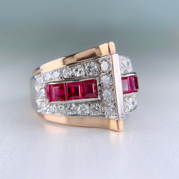 1935 Retro Ruby and Transitional Cut Diamond Two Tone Ring 18k/Plat - Jacob's Diamond and Estate Jewelry