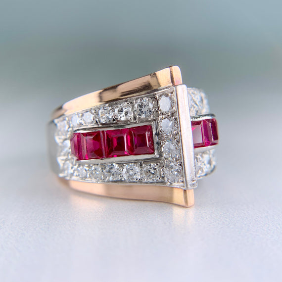 1935 Retro Ruby and Transitional Cut Diamond Two Tone Ring 18k/Plat - Jacob's Diamond and Estate Jewelry