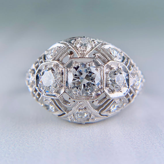 Antique 1925 Art Deco Diamond Bombe Ring Platinum - Jacob's Diamond and Estate Jewelry