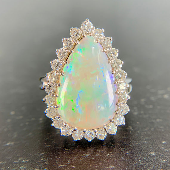 Vintage 1970's Opal and Diamond Halo Statement Ring 14k White Gold - Jacob's Diamond and Estate Jewelry