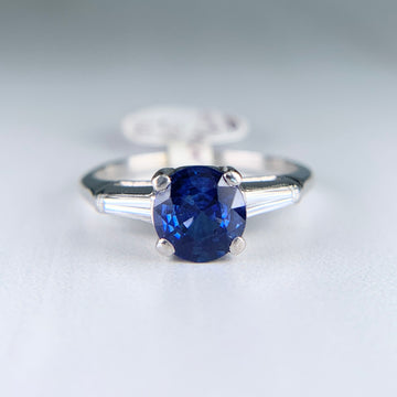 Vintage 1950's Sapphire and Tapered Baguette Diamond Ring Platinum - Jacob's Diamond and Estate Jewelry