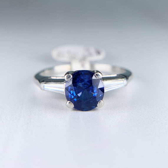 Vintage 1950's Sapphire and Tapered Baguette Diamond Ring Platinum - Jacob's Diamond and Estate Jewelry
