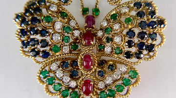 Vintage 1960's Diamond Emerald and Ruby Butterfly Brooch 14k Yellow Gold