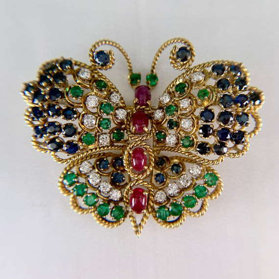 Vintage 1960's Diamond Emerald and Ruby Butterfly Brooch 14k Yellow Gold - Jacob's Diamond and Estate Jewelry