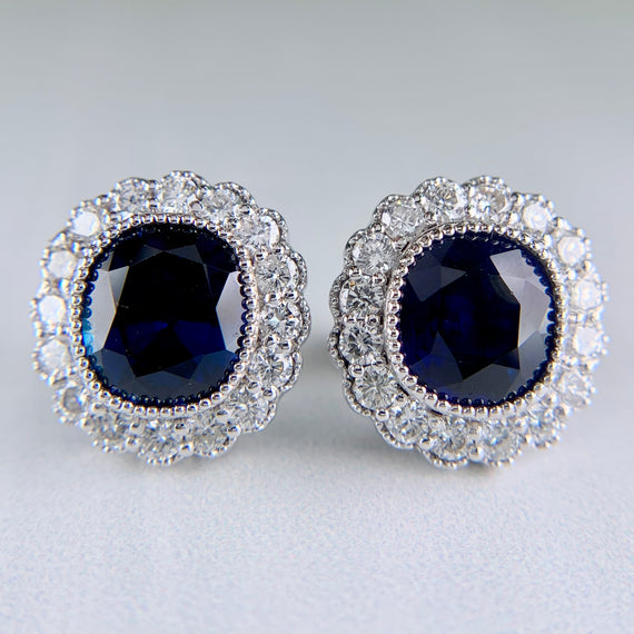 Blue Sapphire and Diamond Halo Earrings Platinum - Jacob's Diamond and Estate Jewelry