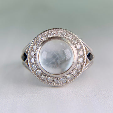 White Topaz Cabochon and Sapphire Diamond Ring 18k White Gold - Jacob's Diamond and Estate Jewelry