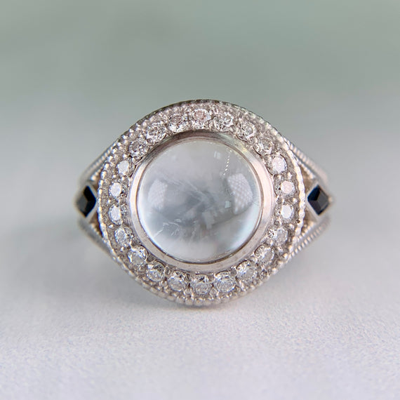 White Topaz Cabochon and Sapphire Diamond Ring 18k White Gold - Jacob's Diamond and Estate Jewelry