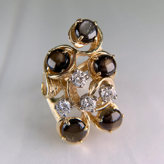 Vintage 1970's Black Star Sapphire and Diamond Ring 14k Yellow Gold - Jacob's Diamond and Estate Jewelry