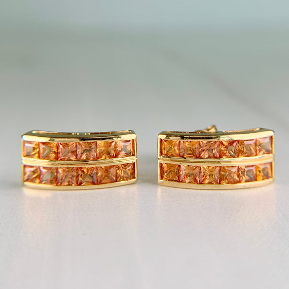 Princess Cut Orange Sapphire Earrings 18k Yellow Gold - Jacob's Diamond and Estate Jewelry