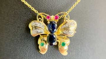 Emerald Sapphire Diamond Butterfly Necklace Brooch 14k Yellow Gold