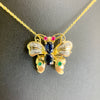 Emerald Sapphire Diamond Butterfly Necklace Brooch 14k Yellow Gold