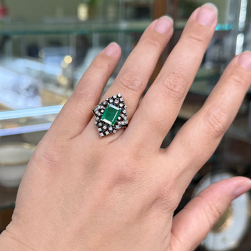 Vintage Victorian Inspired Lab Emerald and Diamond Ring Silver/14k Yellow Gold - Jacob's Diamond and Estate Jewelry