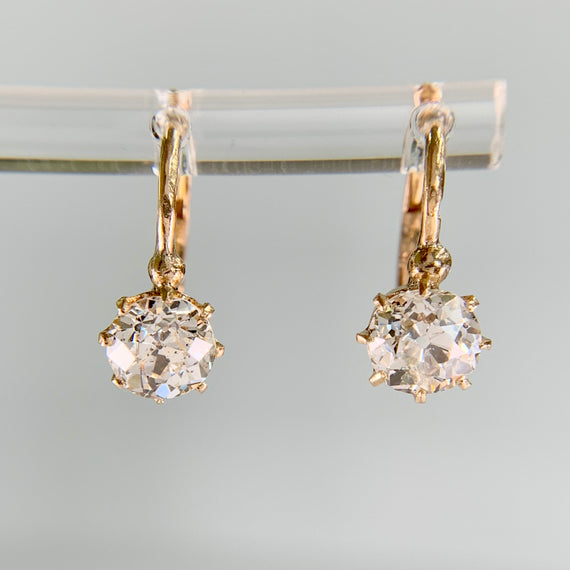 French Antique Old Mine Cut Diamond Drop Earrings 18k Yellow Gold - Jacob's Diamond and Estate Jewelry