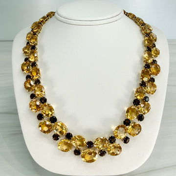 Vintage 1980's Citrine and Smoky Quartz Statement Necklace 18k Yellow Gold