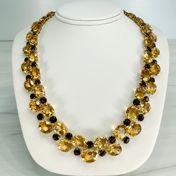 Vintage 1980's Citrine and Smoky Quartz Statement Necklace 18k Yellow Gold - Jacob's Diamond and Estate Jewelry