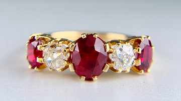 Antique 1910 Edwardian Ruby and Old Mine Cut Diamond Band Ring 18k Yellow Gold