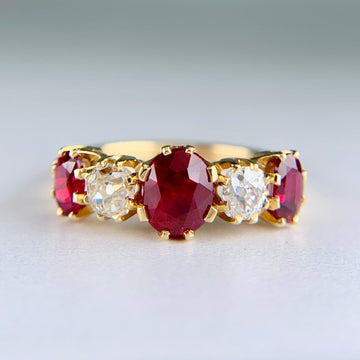 Antique 1910 Edwardian Ruby and Old Mine Cut Diamond Band Ring 18k Yellow Gold - Jacob's Diamond and Estate Jewelry