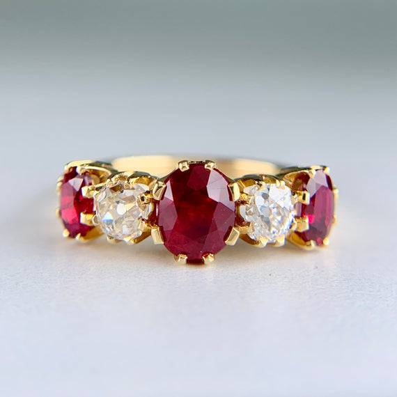 Antique 1910 Edwardian Ruby and Old Mine Cut Diamond Band Ring 18k Yellow Gold - Jacob's Diamond and Estate Jewelry