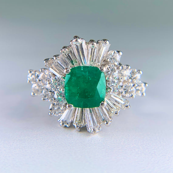1960's Columbian Emerald and Diamond Ballerina Ring 14k White Gold - Jacob's Diamond and Estate Jewelry