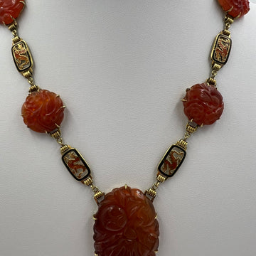 Art Deco Carved Carnelian And Enamel Dragon Yellow Gold Necklace Circa 1925