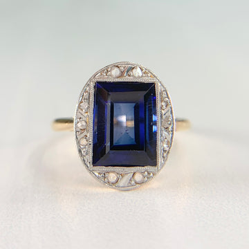 Antique 1930's Lab Grown Sapphire and Rose Cut Diamond Ring 18k Gold - Jacob's Diamond and Estate Jewelry