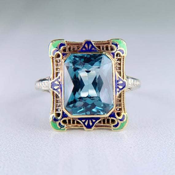 Antique 1930's Lab Grown Sapphire and Rose Cut Diamond Ring 18k Gold - Jacob's Diamond and Estate Jewelry