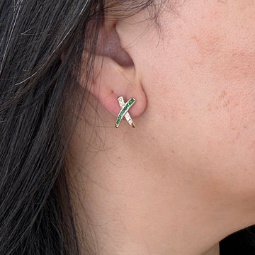 Emerald and Diamond "X" Earrings 14k Yellow Gold