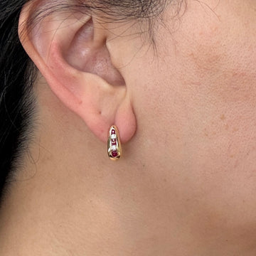 Ruby and Diamond J Shaped Hoop Huggie Earrings 14k Yellow Gold