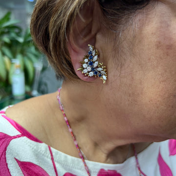 1970s Sapphire Diamond Clip On Yellow Gold Platinum Earrings