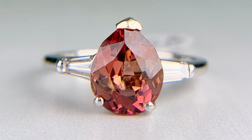 Vintage Pink Tourmaline Pear and Diamond Baguette Ring Platinum
