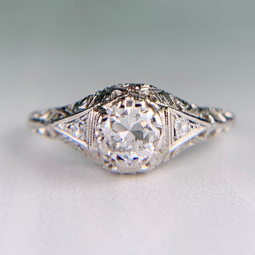 Antique 1914 Art Deco Transitional Diamond Filigree Ring 18k White Gold