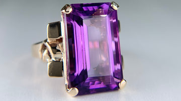Vintage 1950's Retro Emerald Cut Amethyst Statement Ring 14k Yellow Gold