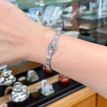 1930's Art Deco Filigree Turquoise and Old European Diamond Bracelet 14k White Gold - Jacob's Diamond and Estate Jewelry