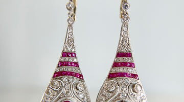 Estate Ruby and Old Cut Diamond Dangle Earrings Platinum/14k Gold