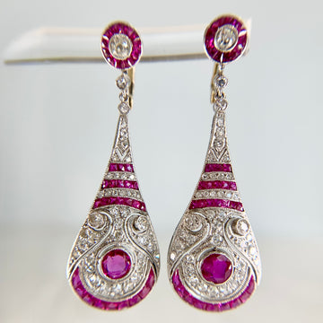 Estate Ruby and Old Cut Diamond Dangle Earrings Platinum/14k Gold