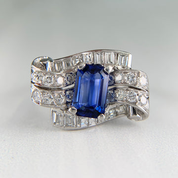 1950's Vintage Blue Sapphire and Diamond Ring Platinum