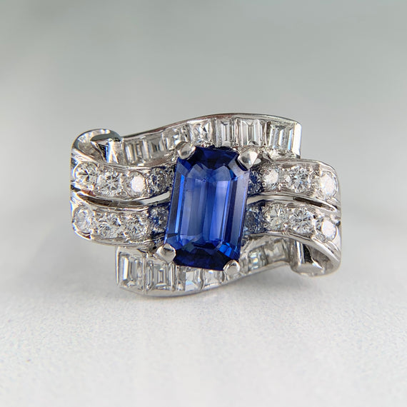 1950's Vintage Blue Sapphire and Diamond Ring Platinum