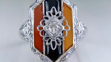 Antique 1925 Art Deco Carnelian and Onyx Diamond Filigree Ring 14k White Gold