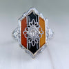 Antique 1925 Art Deco Carnelian and Onyx Diamond Filigree Ring 14k White Gold