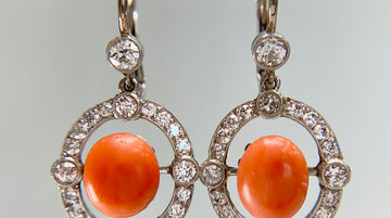 Antique 1925 Art Deco Coral and Old European Diamond Earrings Plat/14k