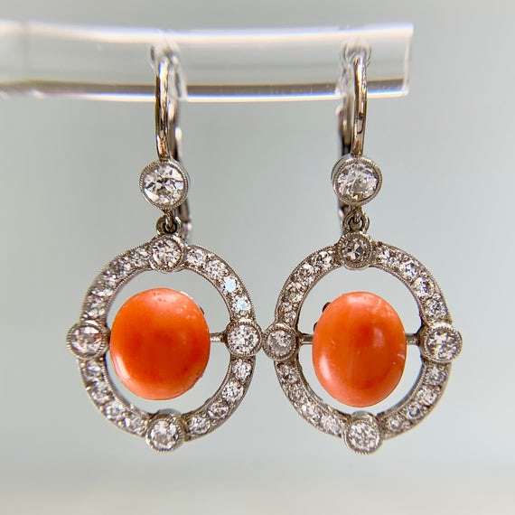 Antique 1925 Art Deco Coral and Old European Diamond Earrings Plat/14k